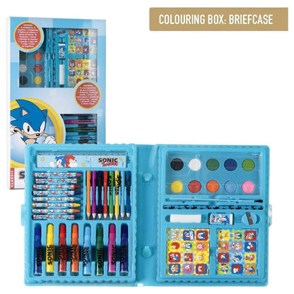 Estuche coloreable Sonic the Hedgehog abierto con materiales de papelería