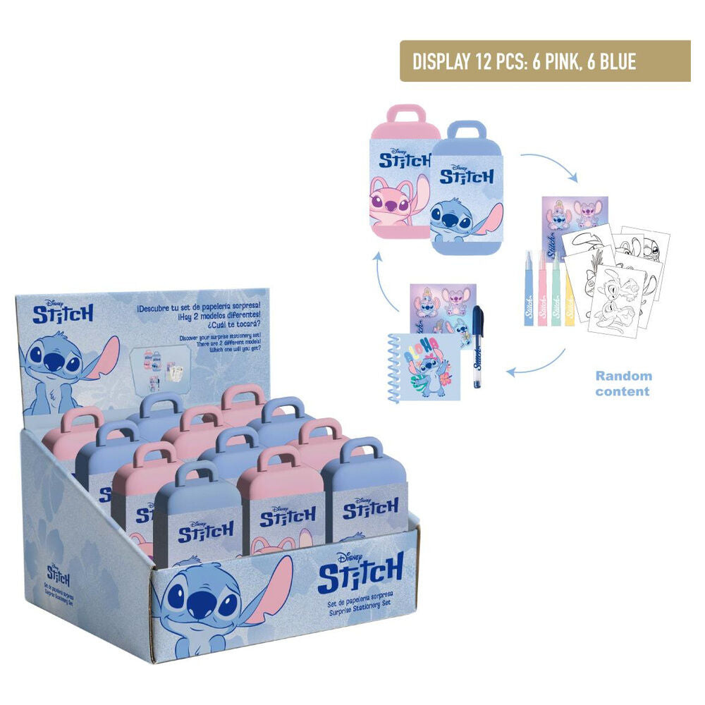 Set de papelería sorpresa Stitch Disney con estuche azul y rosa