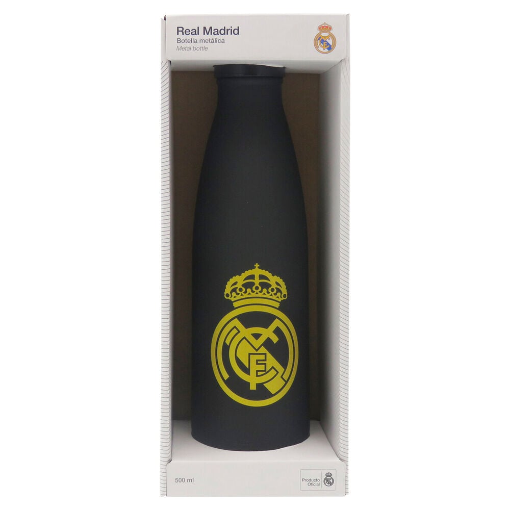 Botella negra de acero inoxidable Real Madrid de 500 ml con escudo amarillo