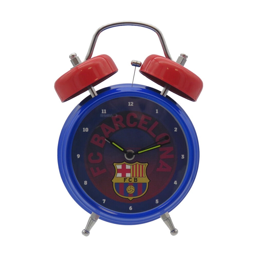 Despertador musical azul y rojo del F.C. Barcelona con escudo y dos campanas