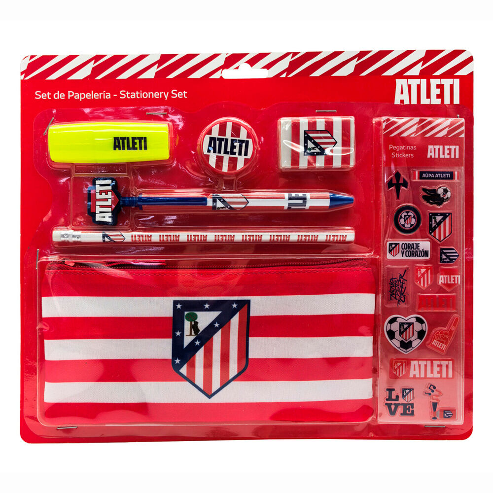 Set de papelería del Atlético de Madrid con portatodo y accesorios rojiblancos