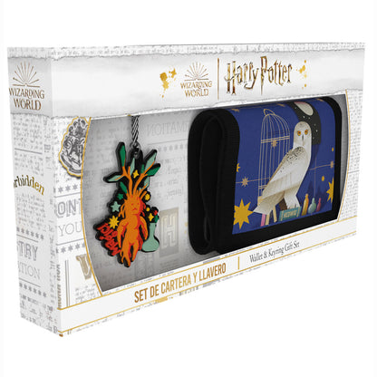 Set de cartera azul de Harry Potter con diseño de Hedwig y llavero de rubber