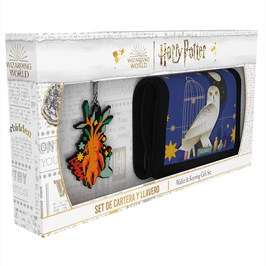 Set de cartera azul de Harry Potter con diseño de Hedwig y llavero de rubber