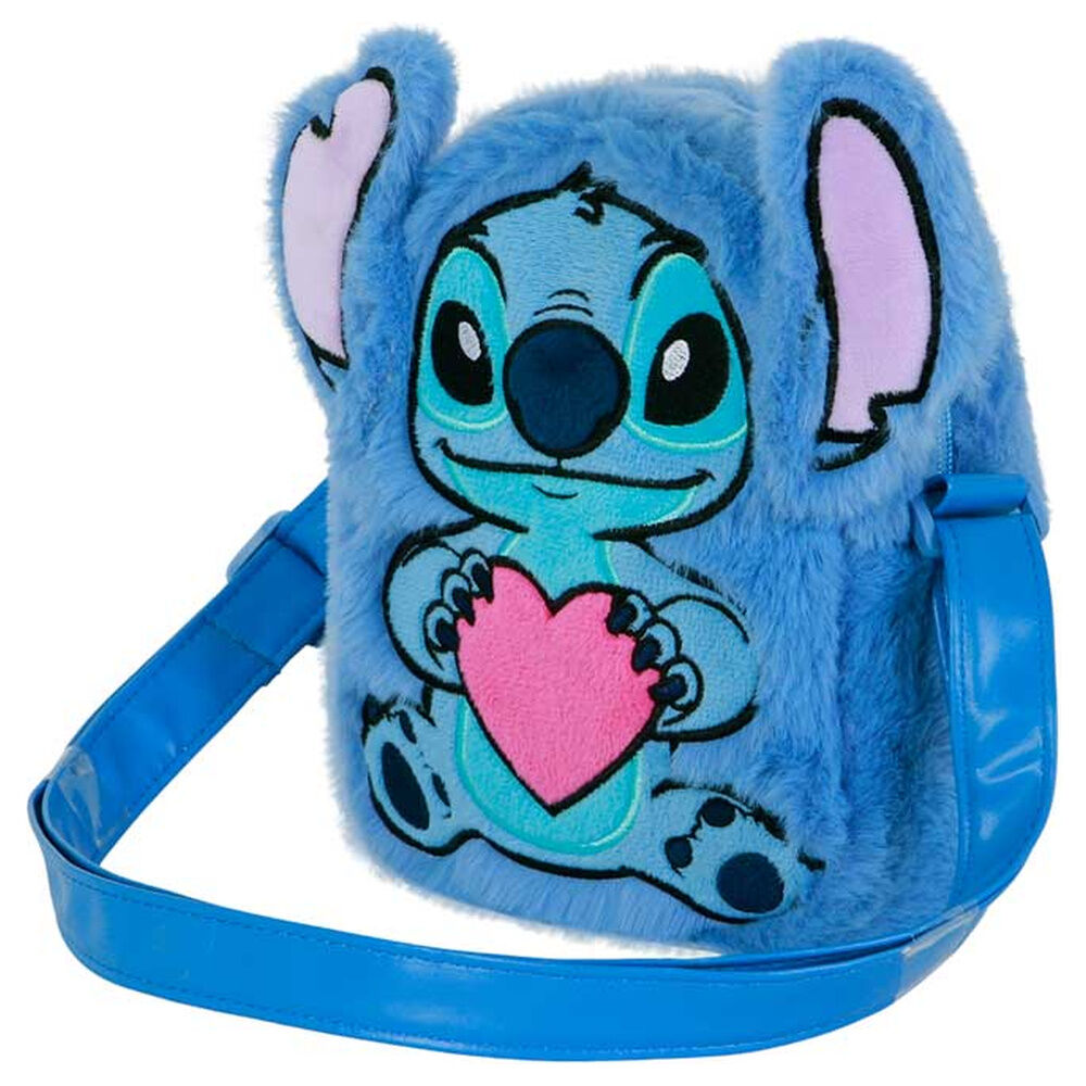 Bolso azul de peluche de Stitch abrazando un corazón rosa
