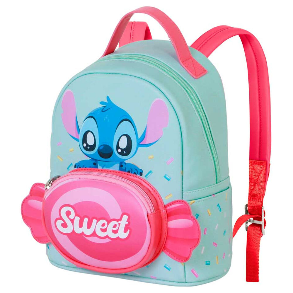 Mochila Candy Stitch Disney verde agua con bolsillo frontal rosa