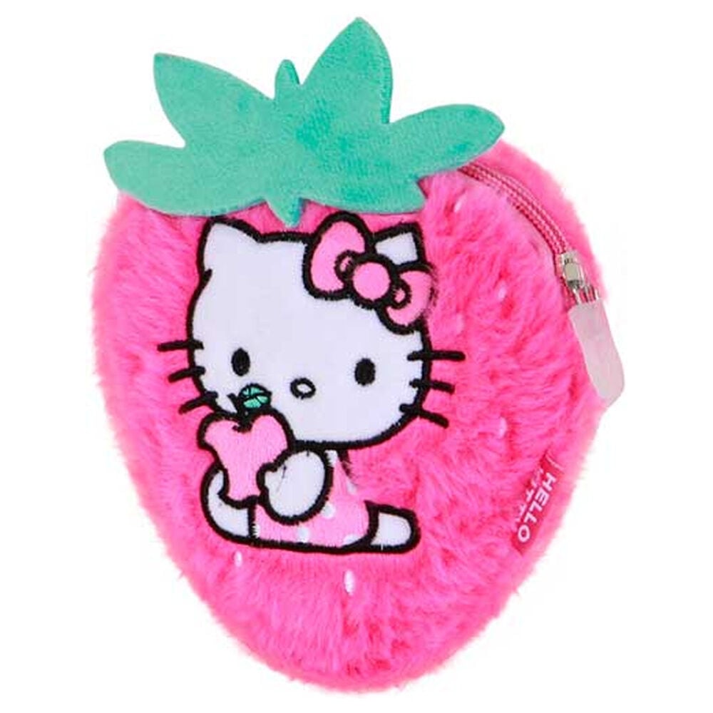 Monedero de peluche rosa con forma de fresa y Hello Kitty