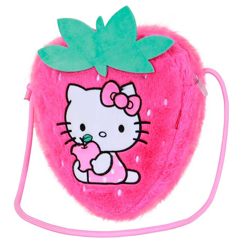 Bolso de peluche rosa con forma de fresa y diseño de Hello Kitty