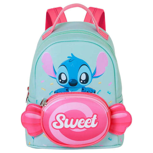Mochila Candy Stitch Disney verde agua con bolsillo frontal rosa - 2