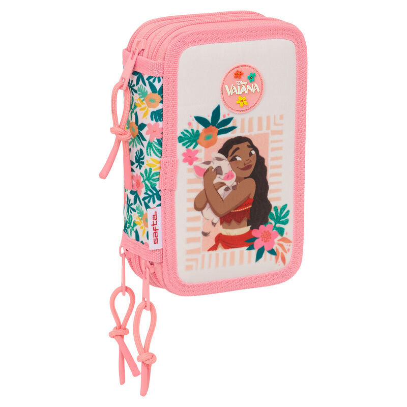 Plumier triple rosa de Vaiana Disney con tres compartimentos