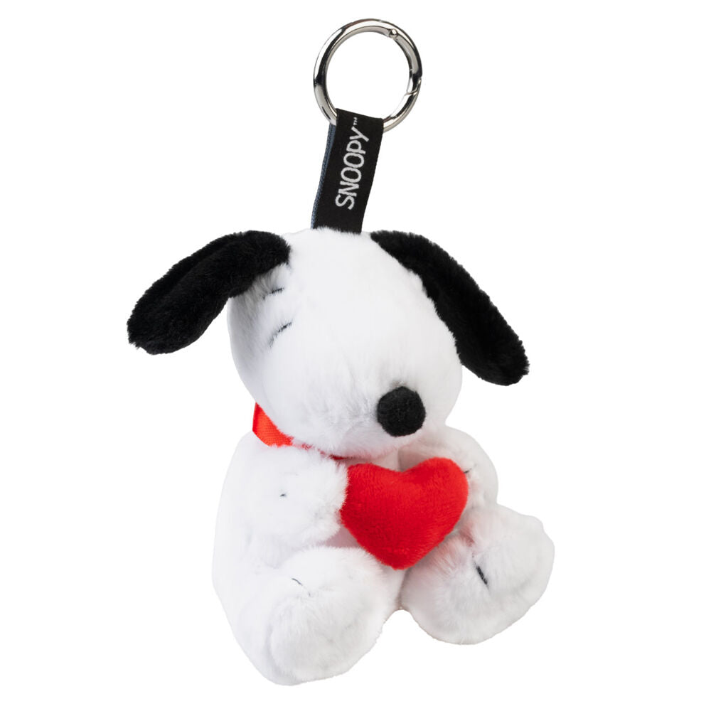 Llavero de peluche de Snoopy abrazando un corazón rojo