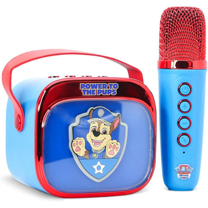 Altavoz karaoke Paw Patrol azul y rojo con micrófono inalámbrico