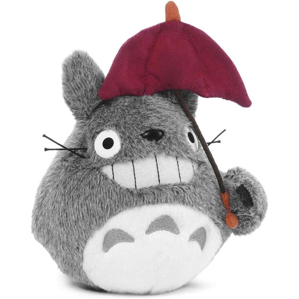 Peluche gris de Totoro con paraguas granate