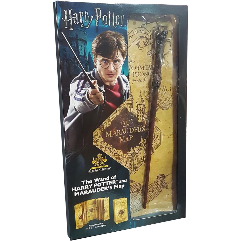 Varita mágica y Mapa del Merodeador de Harry Potter en caja