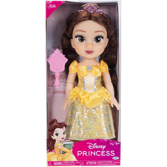 Muñeca Bella de Disney con vestido amarillo, tiara y espejo rosa