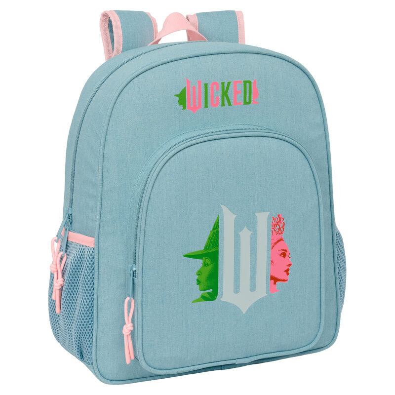 Mochila Wicked SAFTA azul verdosa con detalles rosas y bolsillos laterales