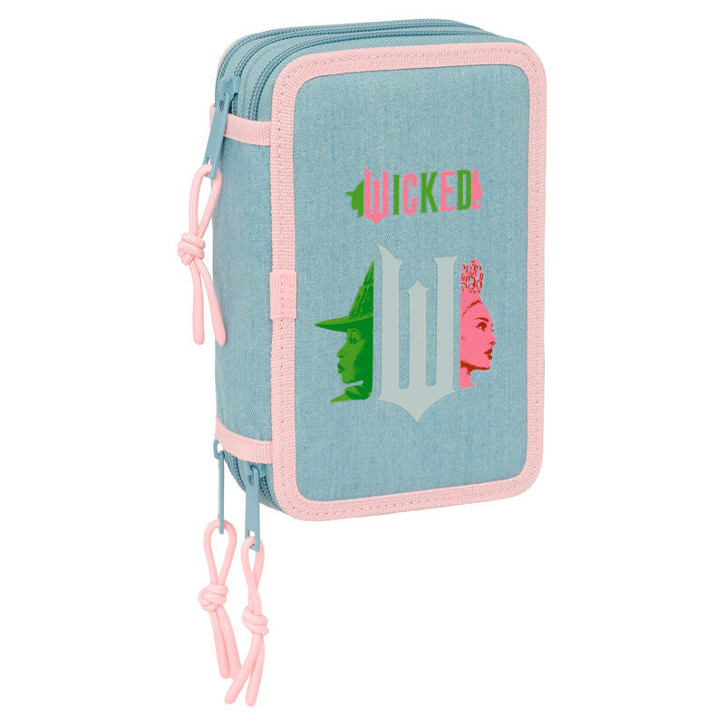 Plumier triple Wicked azul y rosa con 37 piezas