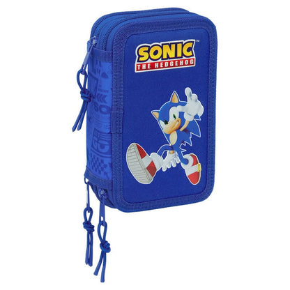 Plumier triple azul de Sonic the Hedgehog con material escolar