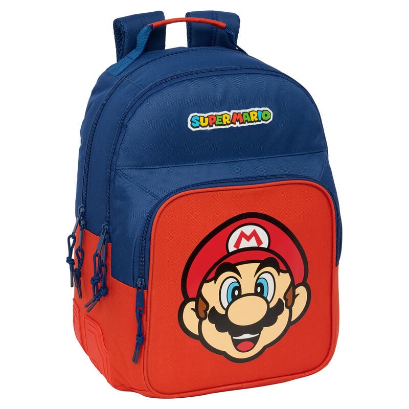 Mochila azul y roja de Super Mario Bros con dibujo de Mario