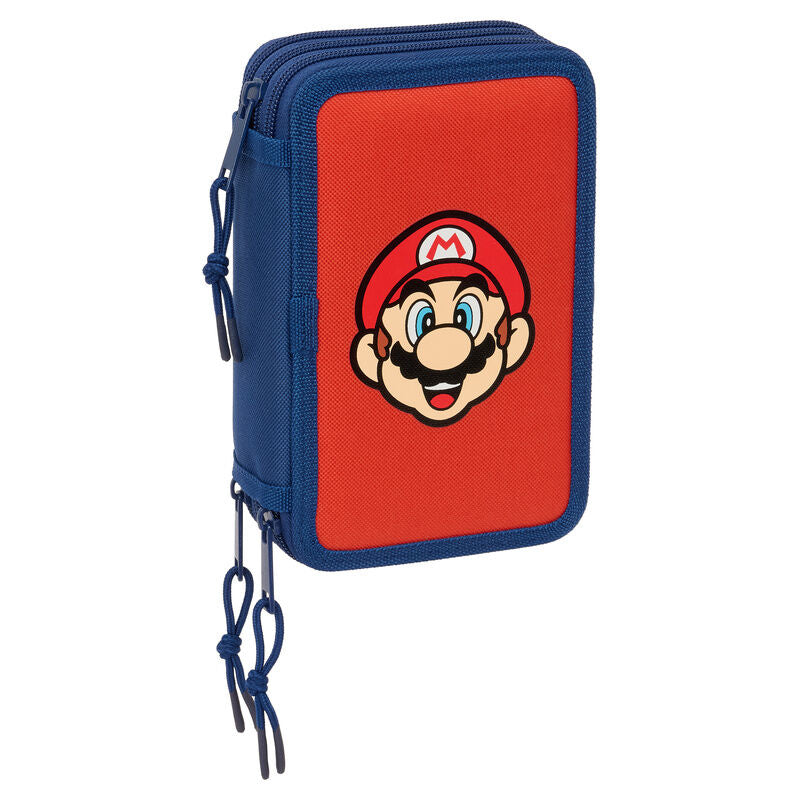 Plumier triple azul y rojo de Super Mario Bros con diseño de Mario