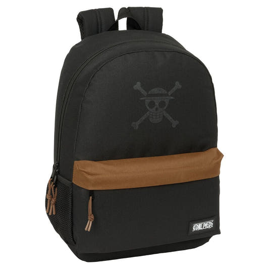 Mochila negra One Piece de 46 cm con detalles marrones