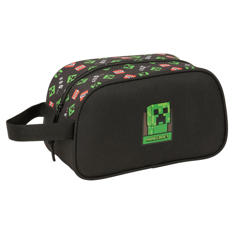 Neceser negro Minecraft con diseño de Creeper y asa lateral