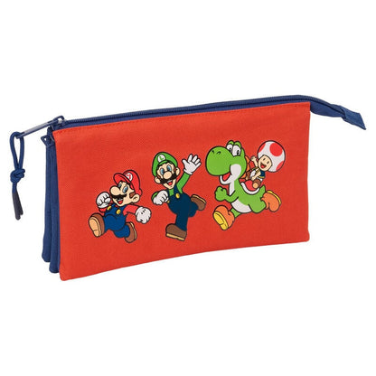 Portatodo triple rojo de Super Mario Bros con Mario, Luigi, Yoshi y Toad