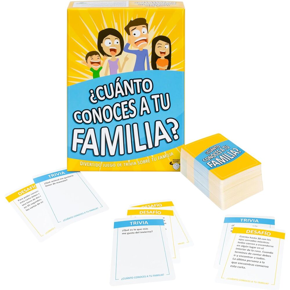 Juego de cartas ¿Cuánto conoces a tu familia? de MOOSE en caja amarilla y azul - 2