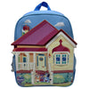 Mochila azul de Bluey y Bingo con ilustración de una casa