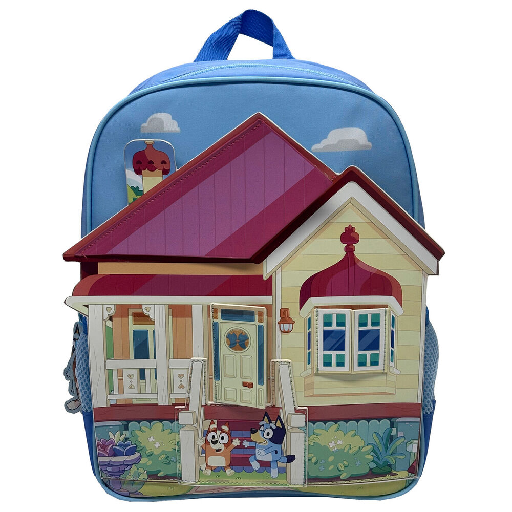 Mochila azul de Bluey y Bingo con ilustración de una casa