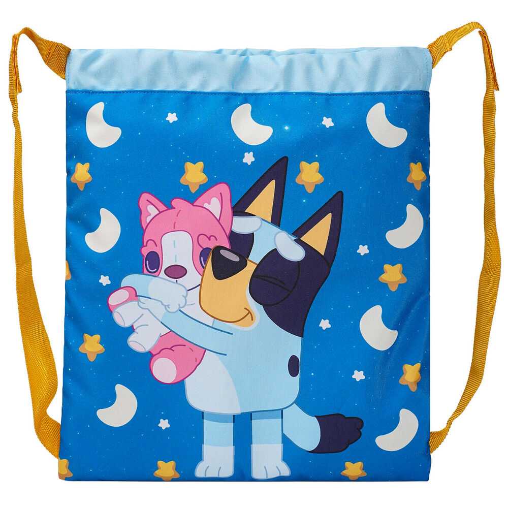 Saco Bluey azul de 35 cm con personajes, lunas y estrellas