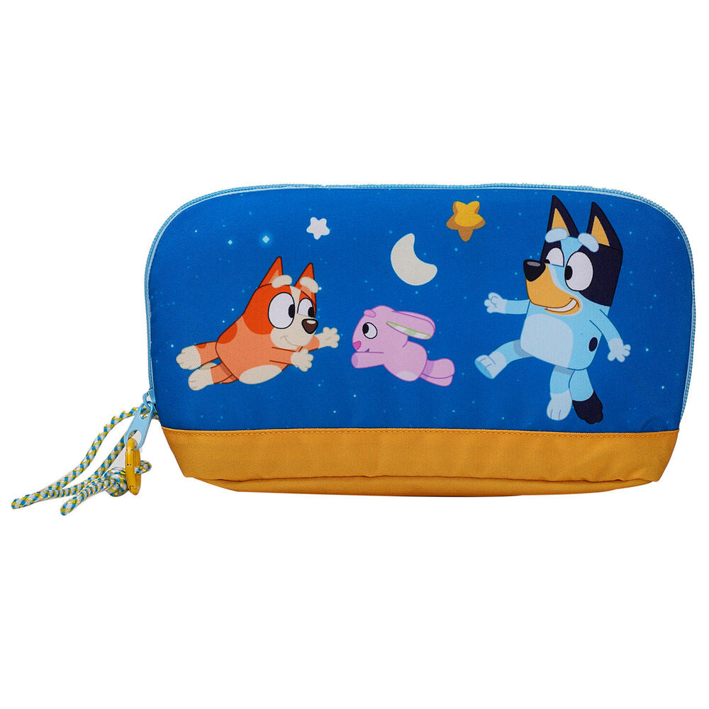 Neceser azul de Bluey con personajes, cremallera y asa de cordón