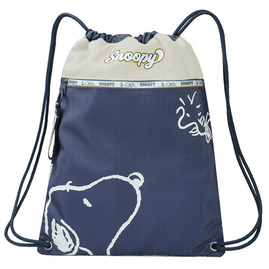 Saco Snoopy Peanuts azul marino con cordones y bolsillo frontal