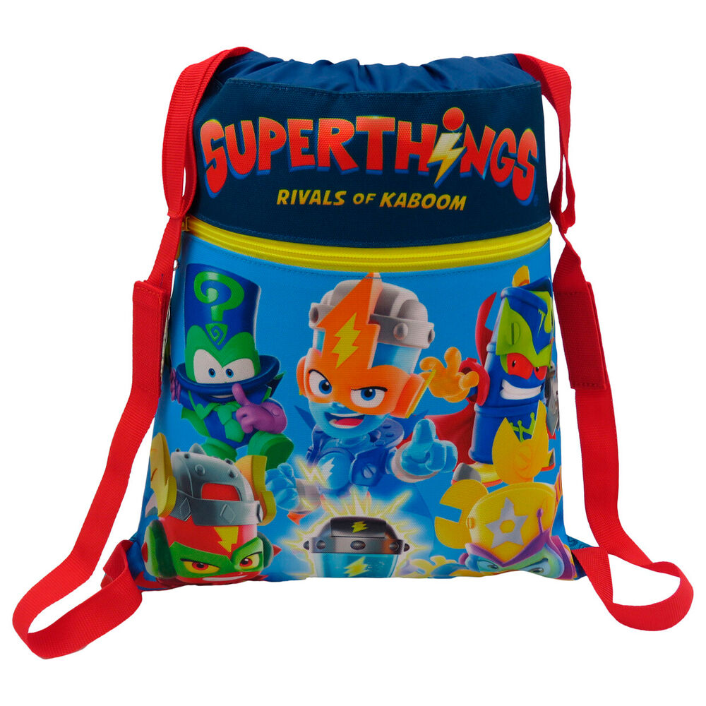Saco SuperThings azul de 35 cm con personajes y bolsillo frontal