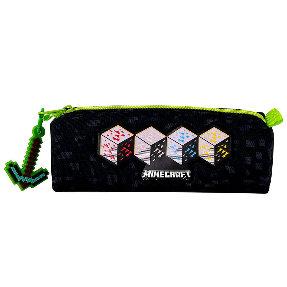 Portatodo Minecraft negro con bloques de minerales y tirador pixelado