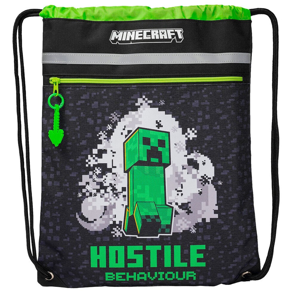 Saco Minecraft con diseño del Creeper, bolsillo frontal y cordones