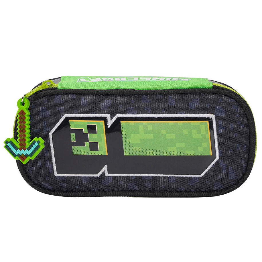 Portatodo Minecraft verde y negro con diseño pixelado