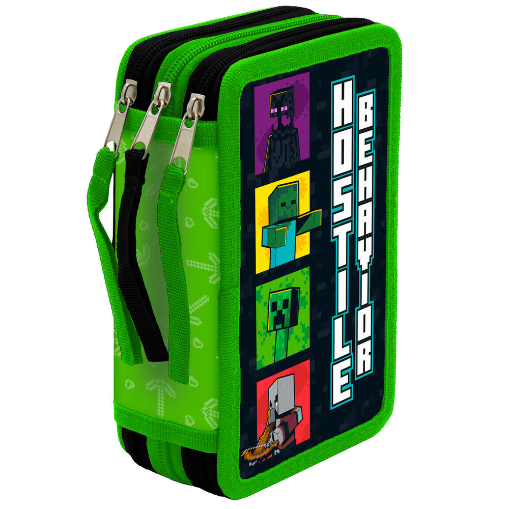 Plumier triple verde y negro de Minecraft con 39 piezas