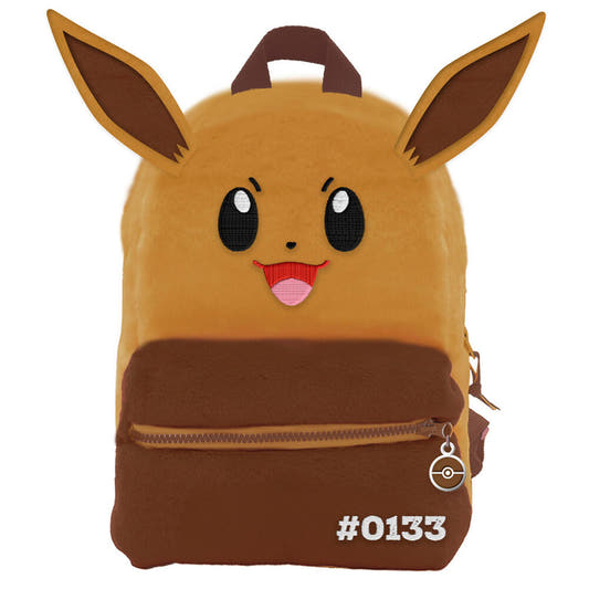 Mochila de Eevee Pokémon marrón con bolsillo frontal y detalle de Poké Ball