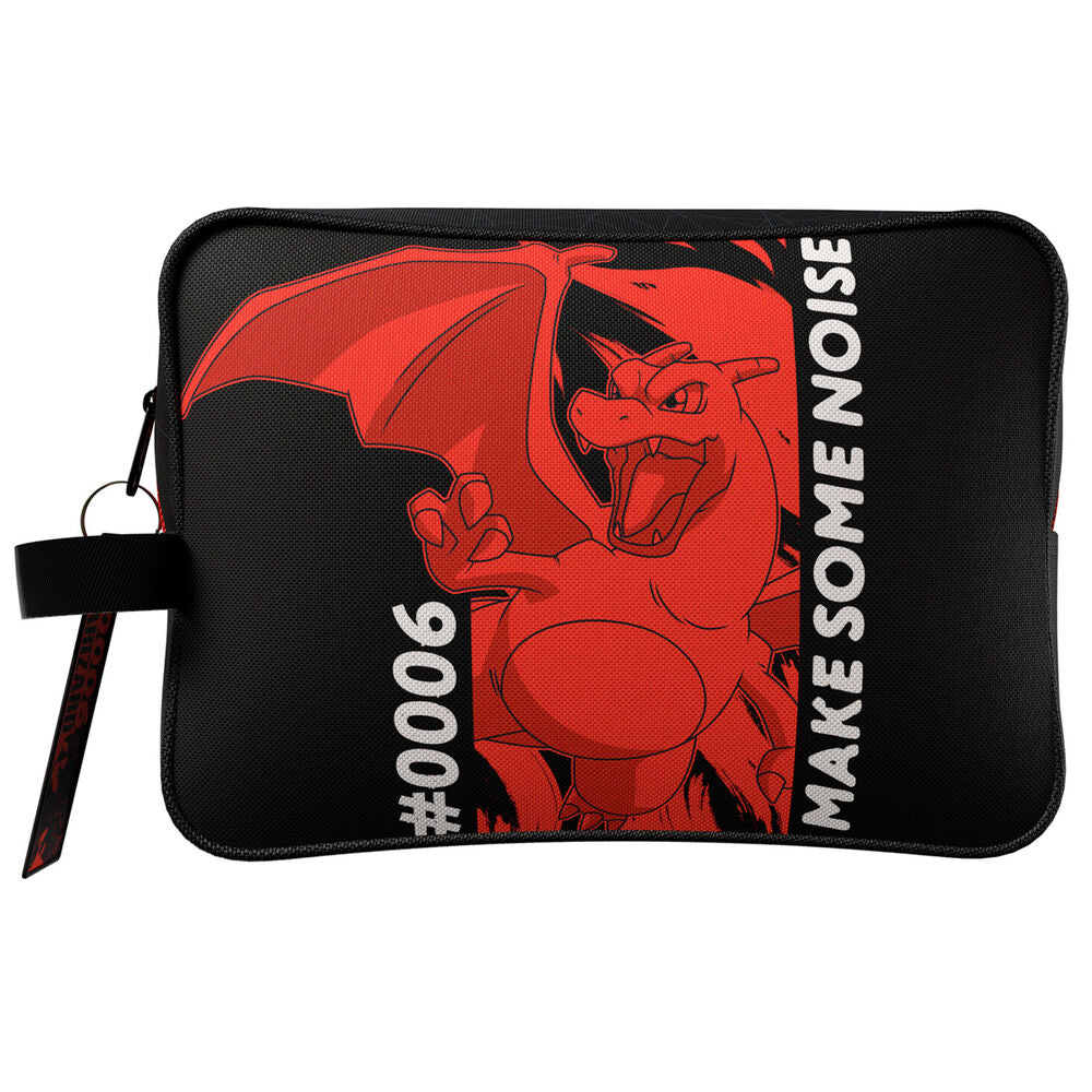 Neceser negro y rojo de Charizard Pokémon con cierre de cremallera