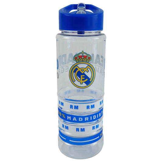 Cantimplora transparente del Real Madrid de 700 ml con tapón azul y pulseras