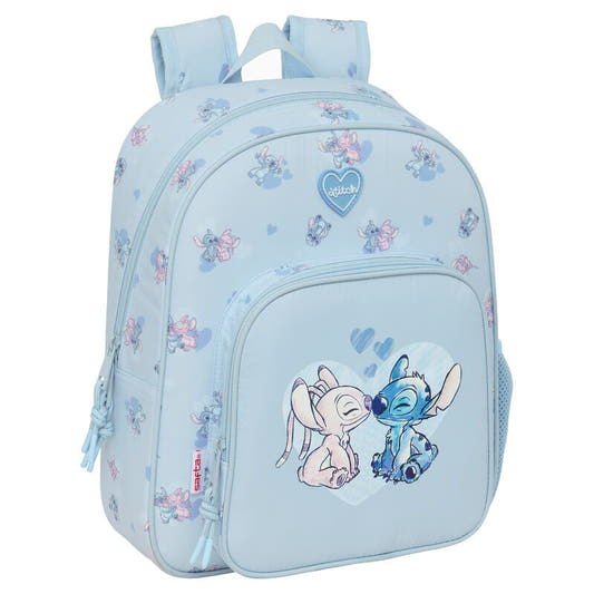 Mochila azul claro de Stitch y Angel con bolsillo frontal