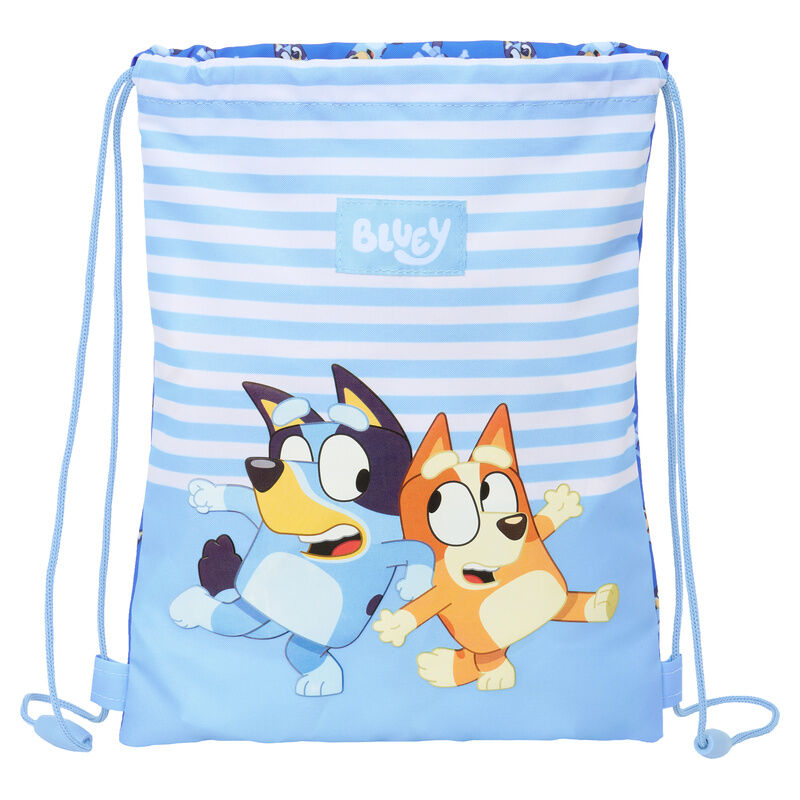 Saco Lets Play de Bluey con rayas azules y personajes Bluey y Bingo