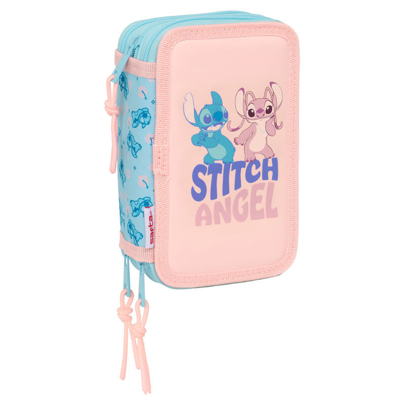 Plumier triple Disney Stitch Angel rosa y azul con 37 piezas