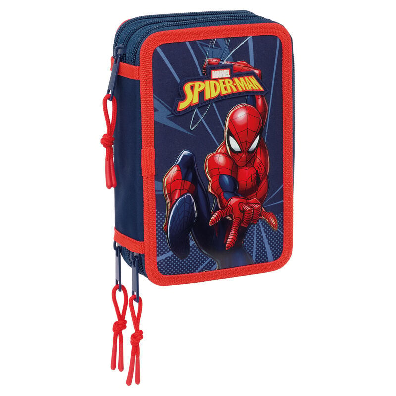 Plumier triple Spider-Man Marvel azul y rojo con 37 piezas