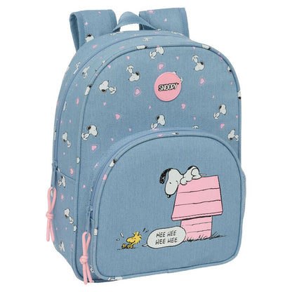 Mochila azul de Snoopy Peanuts con bolsillo frontal y detalles rosas
