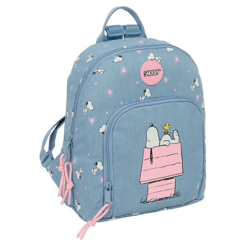 Mochila azul de Snoopy Peanuts con ilustración frontal rosa