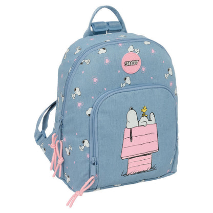 Mochila azul de Snoopy Peanuts con ilustración frontal rosa