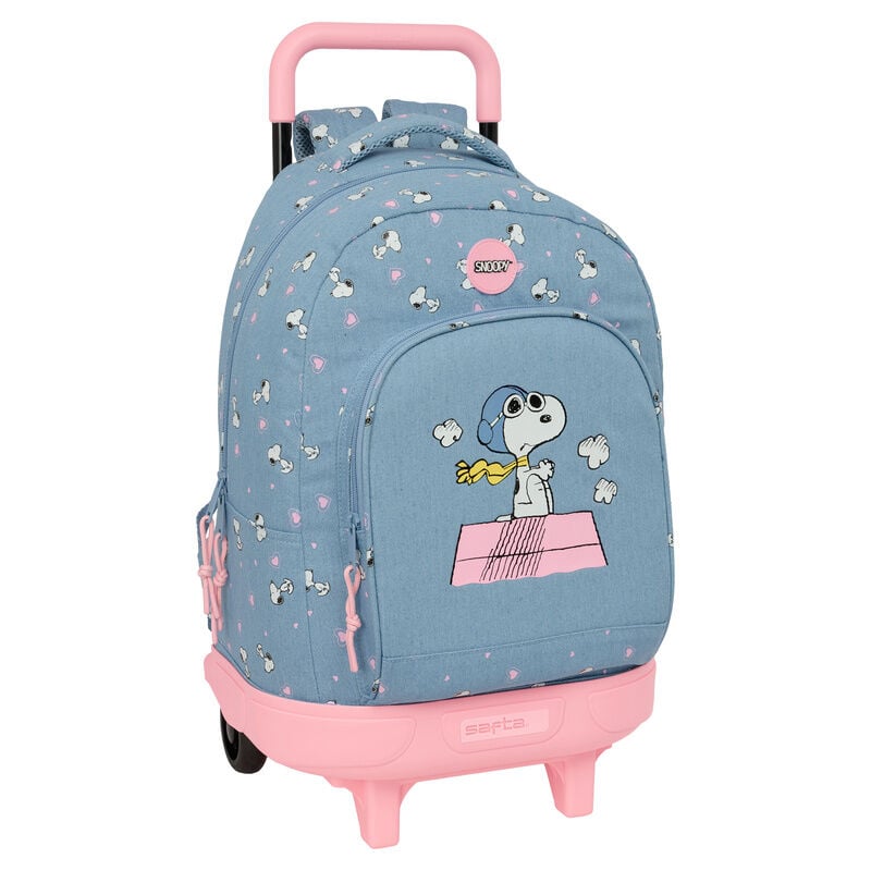 Trolley escolar azul y rosa de Snoopy Peanuts con mochila extraíble