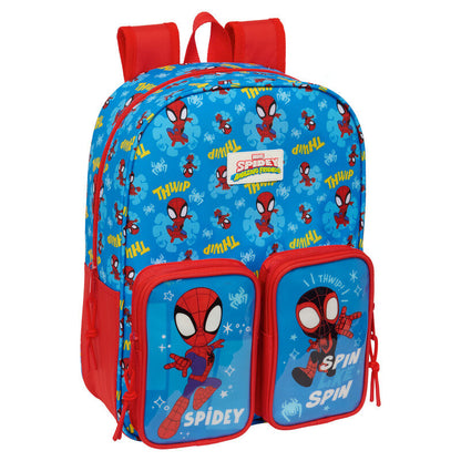 Mochila escolar azul y roja de Spidey Marvel con dos bolsillos frontales