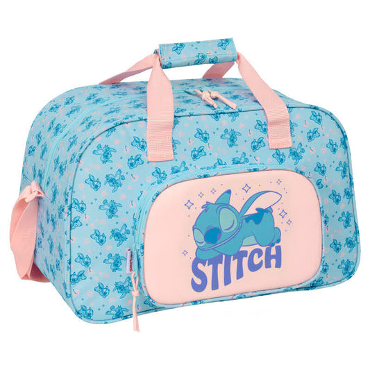 Bolsa de deporte azul Stitch Ohana Disney con bolsillo frontal rosa